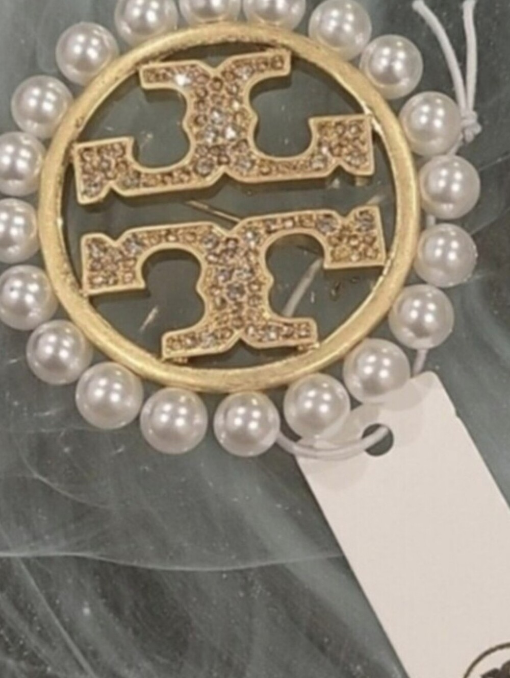 Tory Burch Gold-Tone Logo Brooch with Pearl Trim